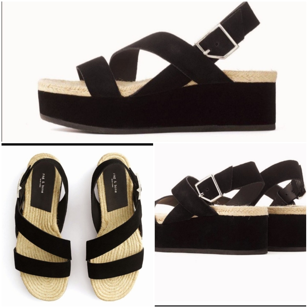 RAG & BONE ESPADRILLE MEGAN BLACK SUEDE WEDGE 8.5